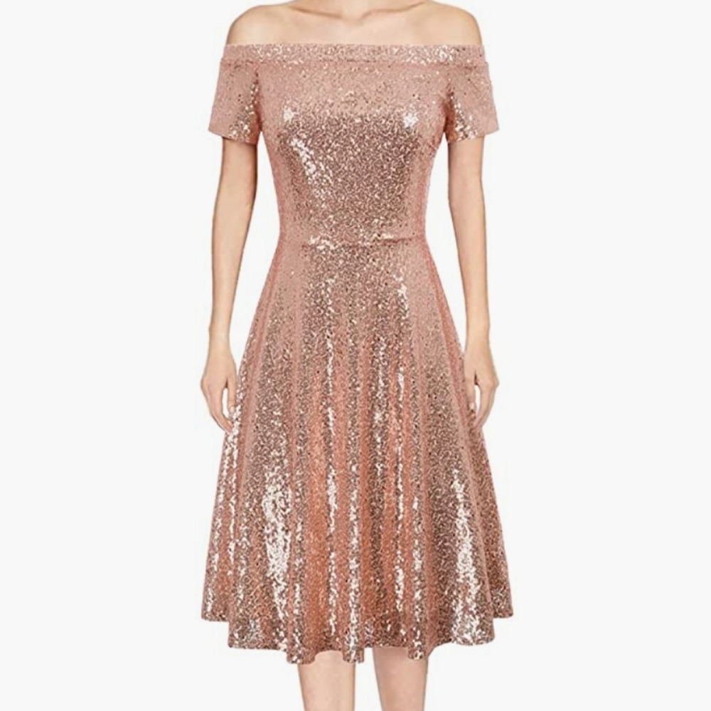 Sequin Shirt sleeve A line dress Large Rose Gold